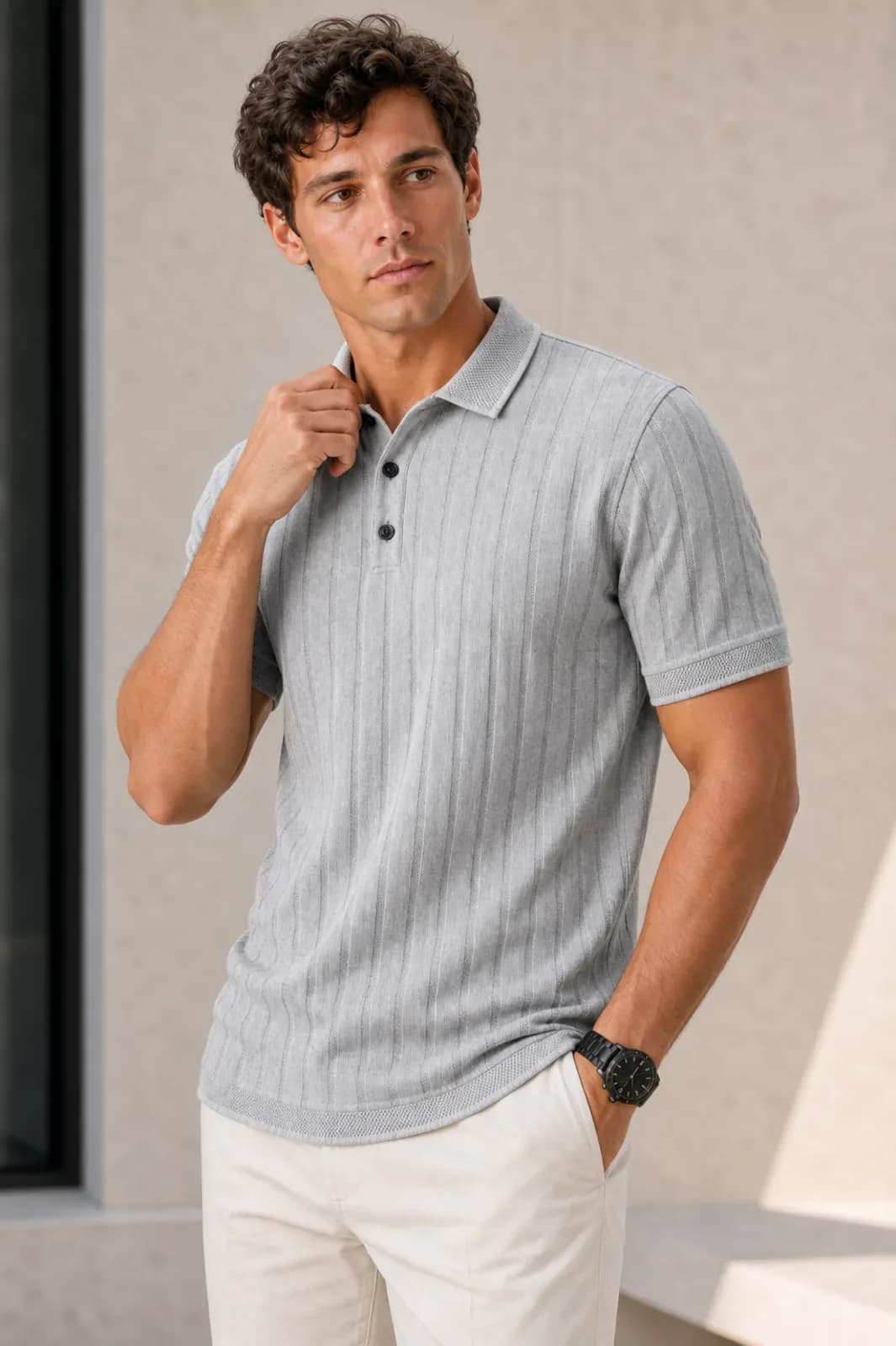 Gray Ribbed Knit Polo Shirt