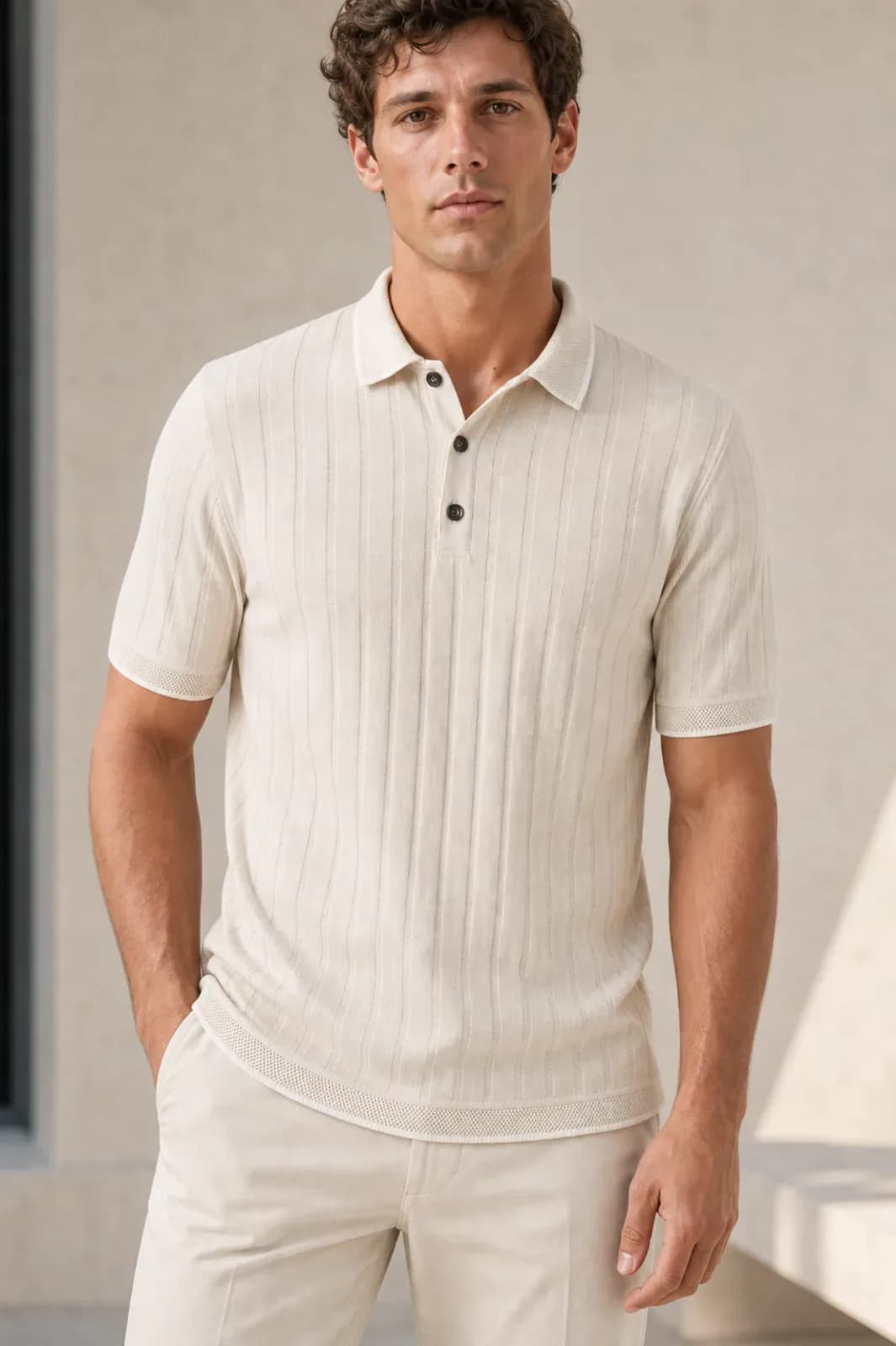 Cream Ribbed Knit Polo Shirt