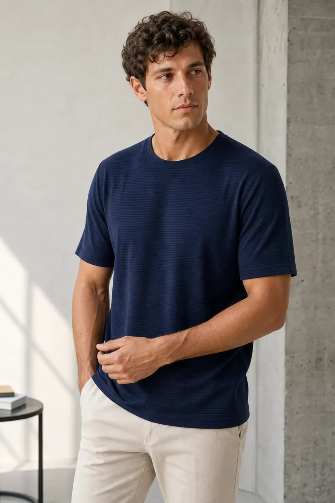 Navy Textured Crew Neck T-Shirt