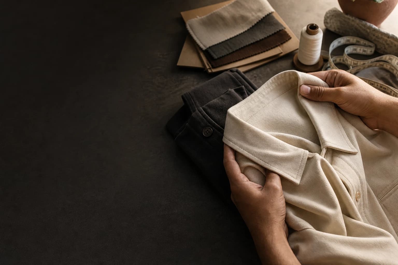 A cream shirt being carefully inspected at a garment worktable